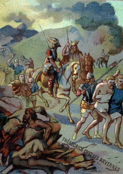 Théoderick, Clovis legidősebb fia, Arvernesben (Auvergne) (532-533). A „Hazafias nevelés képen keresztül” sorozat kromolitográfiája. alkotó: French School