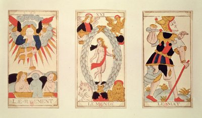 Három tarot kártya, amelyek az ítéletet, a világot és a bolondot ábrázolják (színes fametszet) alkotó: French School