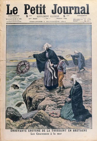 Koszorúk dobása a tengerbe Mindenszentek napján Bretagne-ban, borítóillusztráció a Le Petit Journalból, 1911. november 5. alkotó: French School