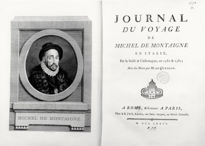 Címlap és előlap a szerző portréjával, A. de Saint Aubin, „Journal de Voyage en Italie 1580 et 1581 de Michel de Montaigne” alkotó: French School