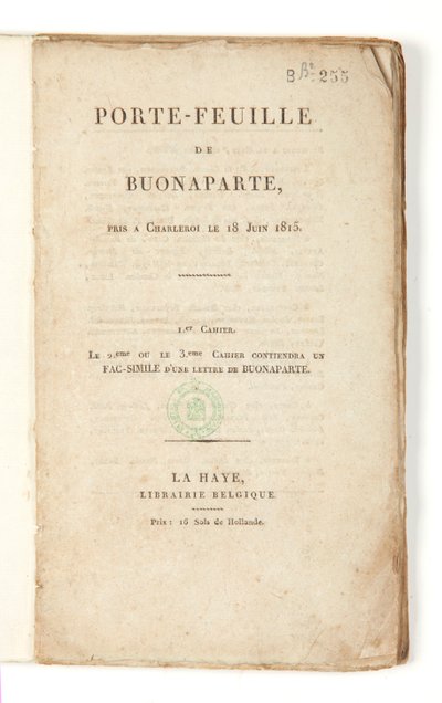 A „Buonaparte portfóliója Charleroiban, 1815. június 18-án” címlapja alkotó: French School