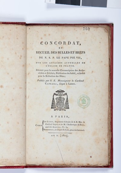 A Concordat et Recueil des Bulles et Briefs de N. S. P. le Pape Pius VII címlapja, Giovanni Battista Caprara, Párizs, Chez Le Clers, 1802 (nyomtatott papír) alkotó: French School
