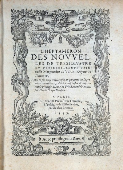 „A Heptameron”” címlapja: Navarrai Margarita (Valois Margarita, Angouleme Marguerite vagy Franciaország Marguerite (1492-1549) Navarra királynője és költőnő) meséi vagy hírei alkotó: French School