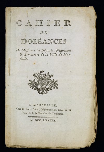 A marseille-i képviselők, kereskedők és hajótulajdonosok panaszkönyvének címlapja, 1789 alkotó: French School