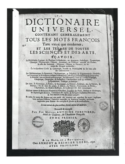 Antoine Furetiere (1619-88) Dictionnaire Universel címlapja, 1690 (nyomtatott) alkotó: French School