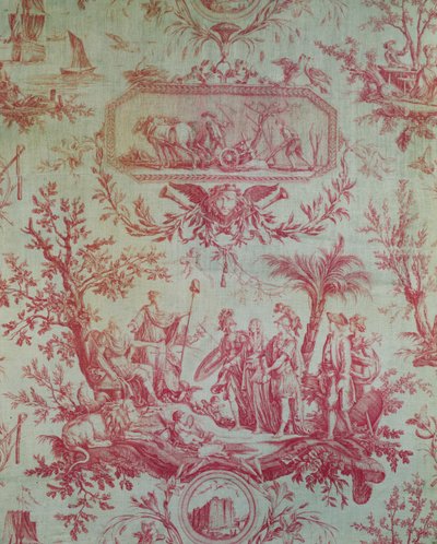 Toile de Jouy (Jean-Baptiste Huet 1772-1793 tervei alapján), XVI. Lajos (1754-1793), francia király, a szabadság visszaállítója 1790 februárjában allegóriájának illusztrálása (nyomtatott pamut) alkotó: French School
