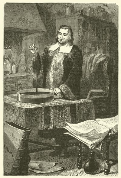 Torricelli feltalálta a barométert (metszet) alkotó: French School
