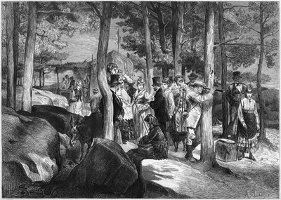 Tourists at the gorges of Apremont, near the entrance of the cave, in the forest of Fontainebleau alkotó: French School