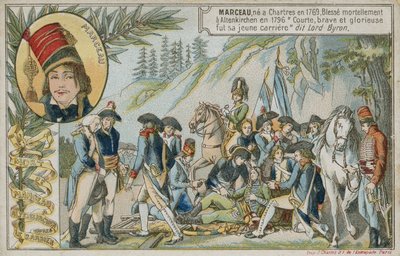 Kereskedelmi kártya Marceau-Desgraviers francia tábornok halálát ábrázoló képpel alkotó: French School