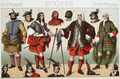Tradicionális skót viseletek – Racinet „” Le costume historique” című könyvében alkotó: French School