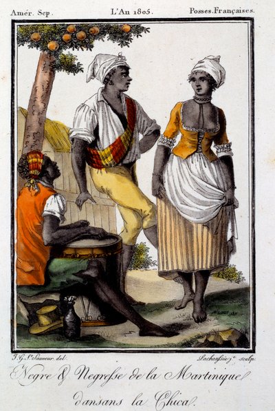 Hagyományos tánc: Martinique lakói chicát táncolnak. Metszet 1805-ből. Chartres, Szépművészeti Múzeum alkotó: French School