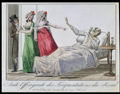 A bordélyházakba járás tragikus következménye, szifilitikus karikatúrája, 1800 körül (színes metszet) alkotó: French School