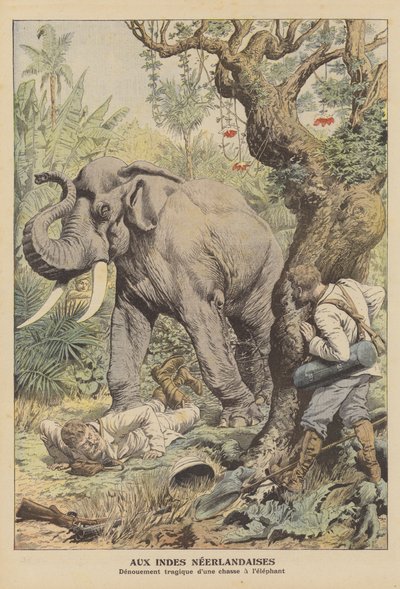Tragikus vége egy elefántvadászatnak a Holland Kelet-Indiában (színes litho) alkotó: French School