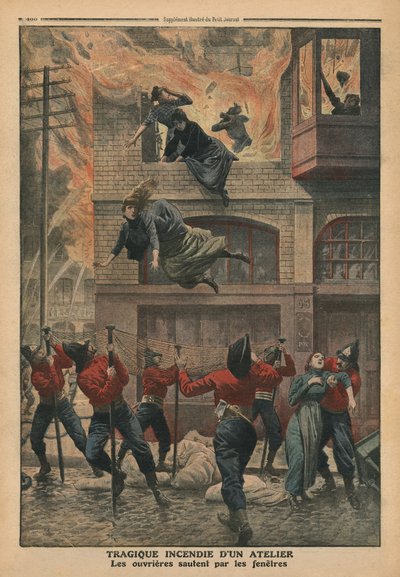 Tragikus tűz egy Newark-i műhelyben, New Jersey-ben, illusztráció a „Le Petit Journal”-ból, mellékillusztráció, 1910. december 11. (színes litó) alkotó: French School