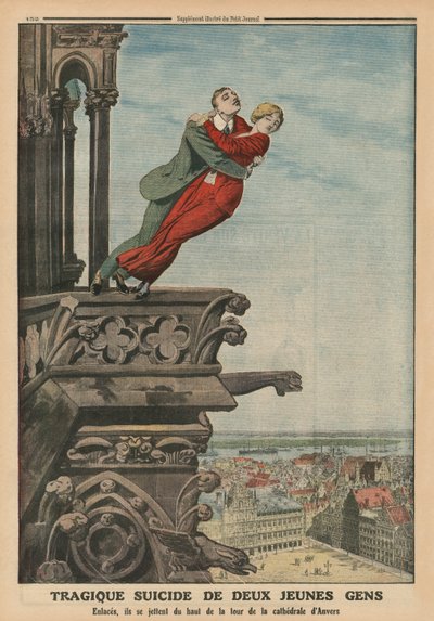 Két fiatal tragikus öngyilkossága az antwerpeni katedrális tornyából, a hátsó borító illusztrációja a „Le Petit Journal”-ból, mellékillusztráció, 1913. május 11. alkotó: French School