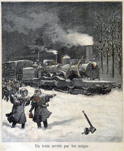 A vonat megállásra kényszerült a hó miatt. Az 1892. márciusi „” Le Petit Parisien”” újság illusztrációja. alkotó: French School