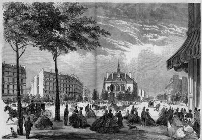 Párizs átalakulásai a második birodalom alatt, Paris Haussmann: a párizsi XI. kerület új városháza. (Látható a Voltaire Boulevard és a Parmentier Avenue). Gravitáció 1865-ből. alkotó: French School