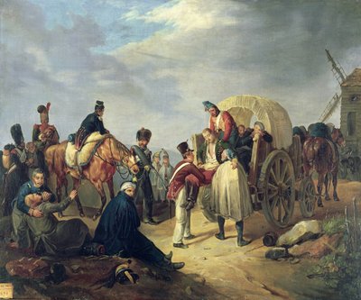 Sebesült katonák szállítása a napóleoni háborúk idején alkotó: French School