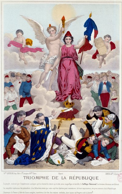 A köztársaság diadala, 1875-ös metszet. Allegória az általános választójogról, amely elpusztítja a köztársaság ellenségeit: "[...] De Franciaország védve van az összeesküvésüktől, a civilizált nemzetek élén halad a haladás és a szabadság útján". alkotó: French School