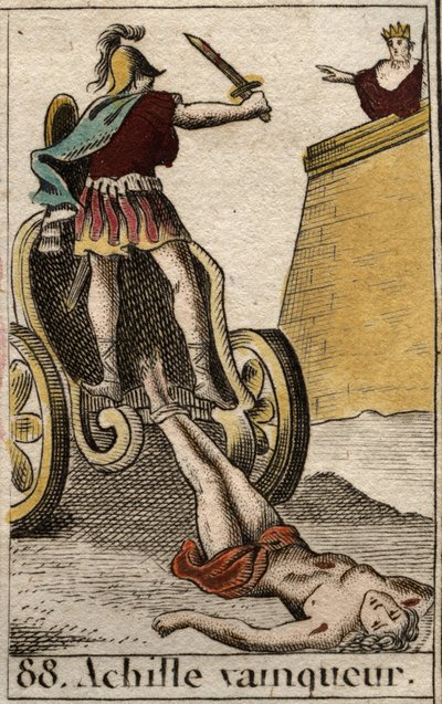 Trójai háború: A diadalmas Akhilleusz vonszolja Hektor élettelen testét Trója kapuja elé. Pierre Blanchard „Az ifjúság mitológiájából” 1803-ból. alkotó: French School