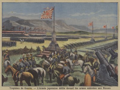 Háborús trófeák: a japán hadsereg felvonulása az orosz-japán háborúban elfogott orosz fegyverkezés előtt (színes litho) alkotó: French School