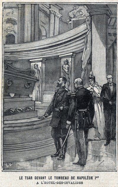 II. Miklós orosz cár (1868-1918) és Alexandra Fiodorovna Romanova cárnő (1872-1918) I. Bonaparte Napóleon sírja előtt a párizsi Hotel des Invalidesben, a „Le Petit Parisien”-ben” alkotó: French School