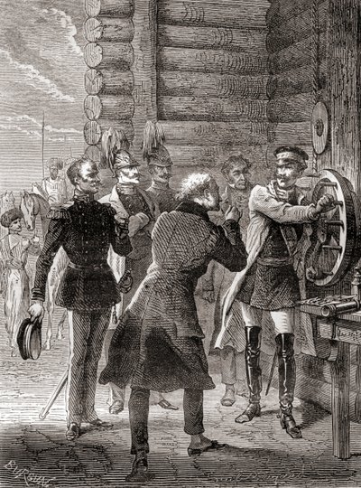 I. Miklós cár a Moszkva és Varsó közötti szemafor távíróvonalat 1833-ban felavatja Claude Chappe szemaforrendszerének módosításával, a Les Merveilles de la Science-ből, 1870 körül (metszet) alkotó: French School