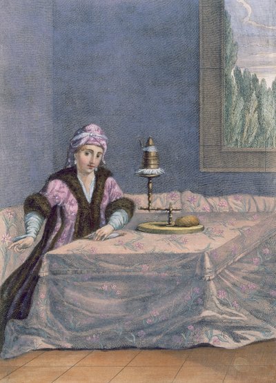 Török nő fonó cérnát, 1708 körül alkotó: French School