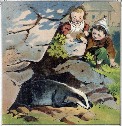 Két gyerek megfigyel egy borzot az odújában. Kromolitográfia a „” Gyermekkori jelenetekből”” szerk. Guerin - Muller 1885 körül. alkotó: French School