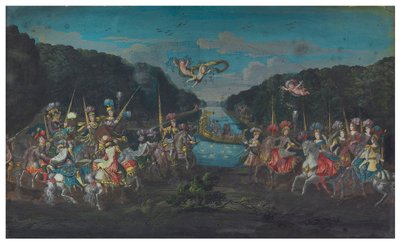 Két rajongói lap: A gáláns amazonok pompás körhinta a világ négy tájáról; és Templomból kilépő körmenet putti kíséretében, 17. század második fele (guache papíron) alkotó: French School