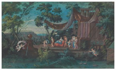 Két rajongói lap: A gáláns amazonok pompás körhinta a világ négy tájáról; és Templomból kilépő körmenet putti kíséretében, 17. század második fele (guache papíron) alkotó: French School