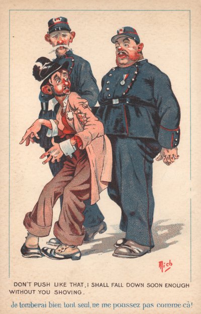 Két rendőr kísér egy részeg férfit (színes litográfia) alkotó: French School