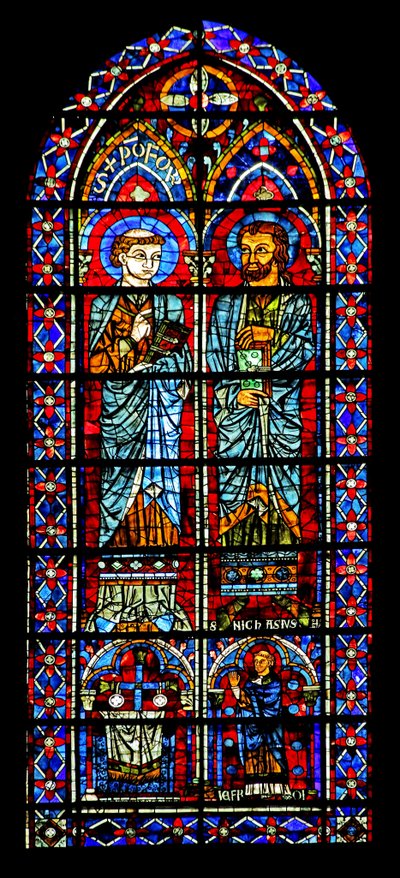 Két szent – az egyik Nikaise; adományozó pap lent (w116) alkotó: French School