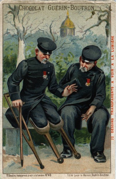 Két háborús rokkant: egy fenék egy pingvinnel beszélget. századi kromolitográfiája. alkotó: French School