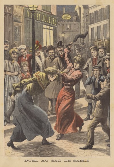 Két nő harcol homokkal töltött harisnyával (színes litográfia) alkotó: French School