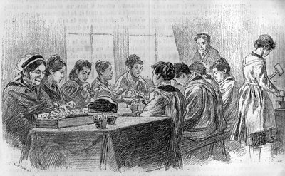 Bolond fiatal lányok műhelye a párizsi Salpetriere-ben, „Az ifjúság újságjában” 1887. alkotó: French School