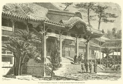Buddhista templom Nagaszakiban (metszet) alkotó: French School