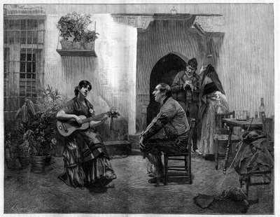 A varázslat alatt: egy férfi csodálattal hallgat egy fiatal spanyol lányt, aki gitározik. Metszet Jules Worms (1832-1914) festménye után a „The Illustrious World”, május 1. alkotó: French School
