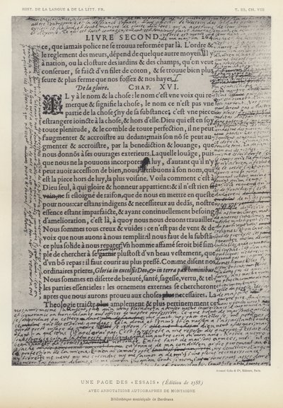 Egy oldal az esszékből, 1588-as kiadás, Montaigne autográf megjegyzéseivel (litho) alkotó: French School