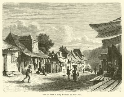 Egy utca a Malabar táborban, Port-Louisban (metszet) alkotó: French School