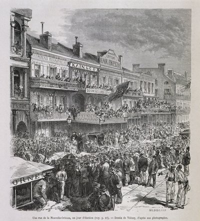 Egy utca New Orleans-ban a választás napján 1875-ben - a „Le Tour du Monde”-ban, 2. szem. 1876 alkotó: French School