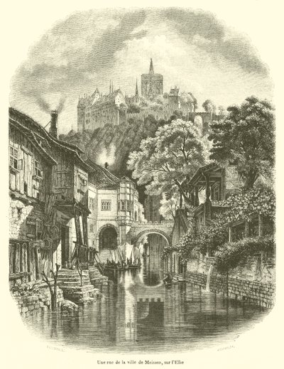 Egy utca Meissen városában, az Elbán (metszet) alkotó: French School