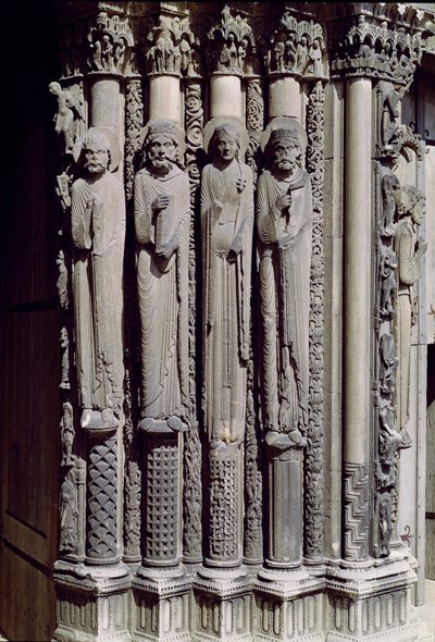 Ismeretlen figura, Salamon király, Sába királynője és Dávid király, karámfigurák a királyi portálról, 1140-55 alkotó: French School