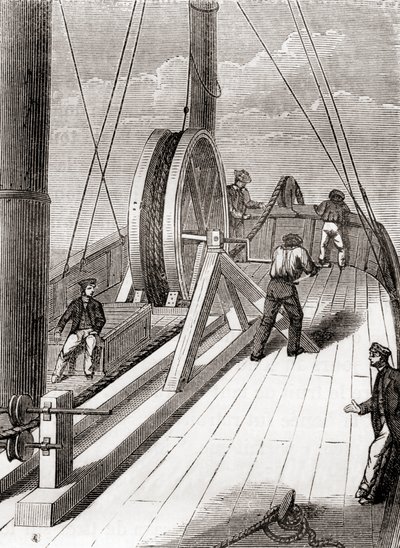 A Dover és Calais közötti tengeralattjáró kábel letekerése a Blazer fedélzetén, 1851. december 25., a Les Merveilles de la Science-ből, 1870 körül megjelent (metszet) alkotó: French School