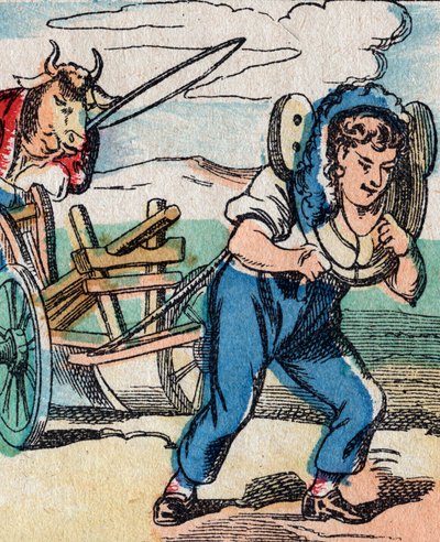 Fejjel lefelé világ: ökrök hajtják az ekét, amit gazda húz alkotó: French School