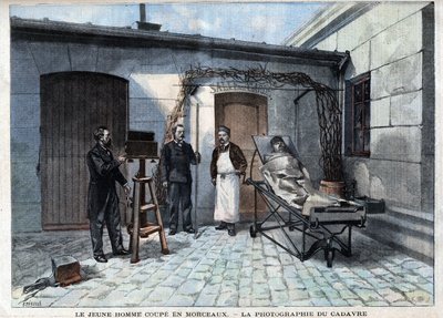 Különféle tények: Alphonse Bertillon (1853-1914) francia tudós, az antropometria megalkotója szolgálatában feldarabolt holttest fényképe. - a "" Le Petitle Parisien" -ben alkotó: French School