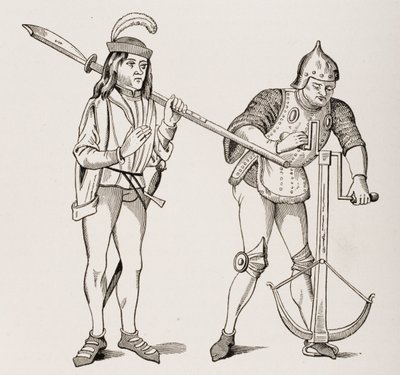 Varlet vagy Squire vastag pengéjű alabárdot cipelő íjász, aki számszeríjhúrt húz kétkezes csörlővel, egy 15. századi miniatűr után, Paul Lacroix Le Moyen Age et La Renaissance című művéből ( alkotó: French School