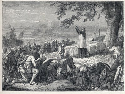 Vendee Wars (1793-1796): Tölgy alatti misét celebráló papi betétek a felkelő lakosság számára, akik elutasítják az esküdt papokat. Metszet 1889-ből. Magángyűjtemény. alkotó: French School