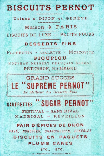 Verso a Biscuits Pernot, a dijoni és genfi gyárak, valamint a párizsi Maison reklámozásával alkotó: French School
