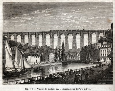 Morlaix viadukt, a Párizsból Brestbe (Franciaország) vezető vasúton. Lebreton et Marchand metszetei, Louis Figuier (1819-1894) „Les Merveilles de la Science” című könyvében, Jouvet et Cie kiadás alkotó: French School